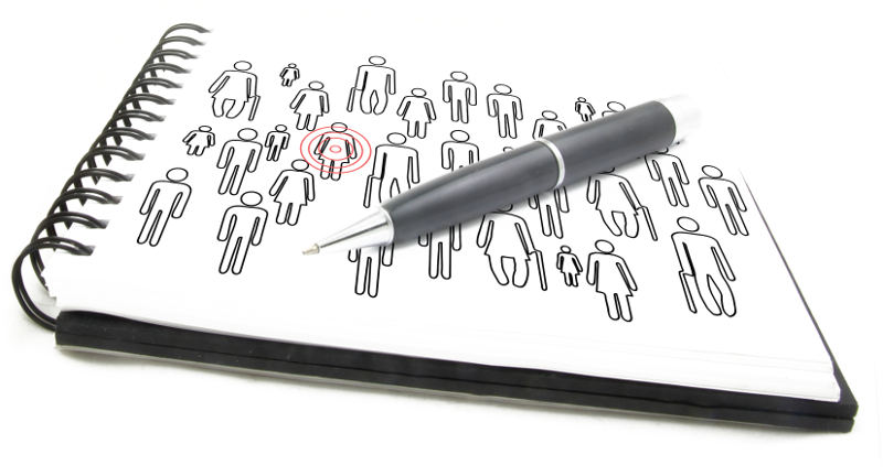 drawing of crowd of people with one person targeted on a notepad